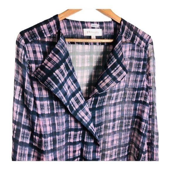 4/$45 PHILOSOPHY Navy Blue Pink Plaid Long Sleeve Button Down Sheer Top Large - Picture 3 of 7